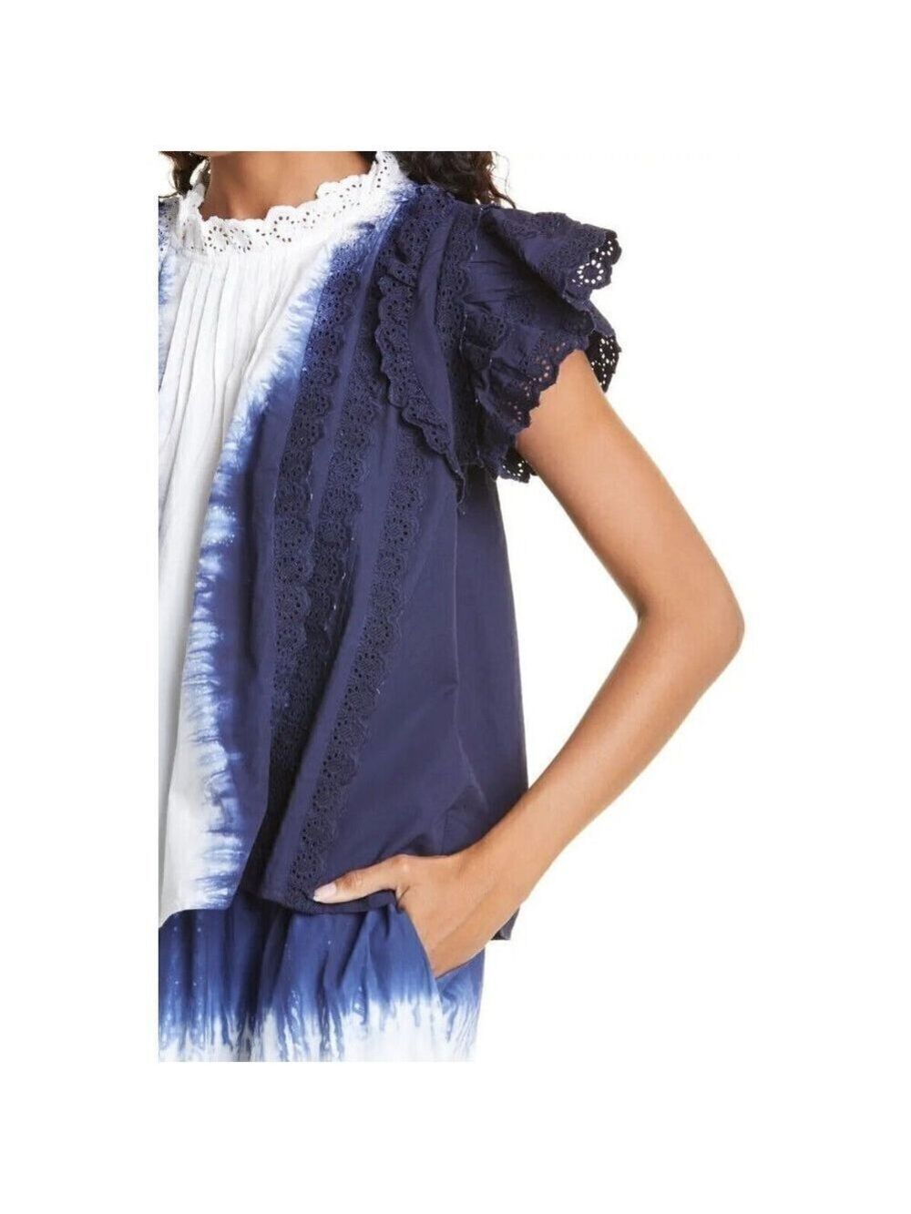 sea "Evelyn" Cotton Tie Dye Blouse Top New Blue White Eyelet Lace Ruffles - Picture 8 of 8